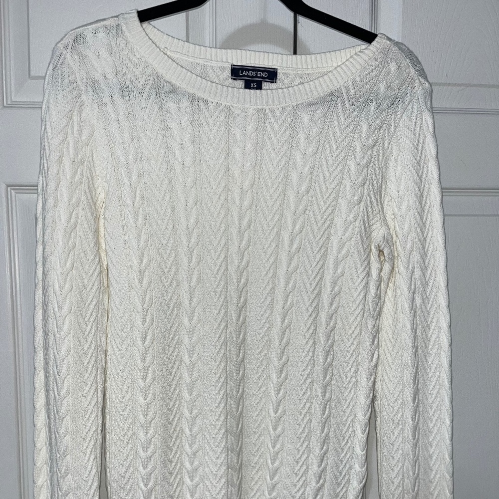 Land's End Cream Cotton Drifter Cableknit Sweater